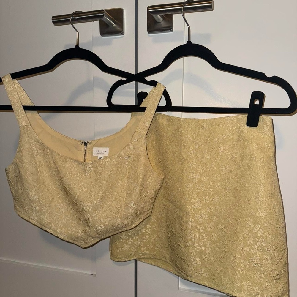 Le Lis Yellow Floral Brocade Crop Top & Mini Skirt Set